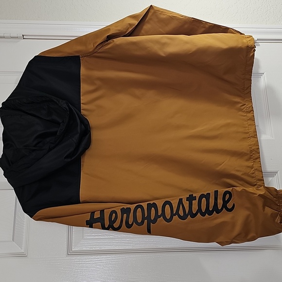 NWT Aeropostale Men Zip Windbreaker Hoodie Drawstring Logo Gold Black Large - Picture 5 of 15